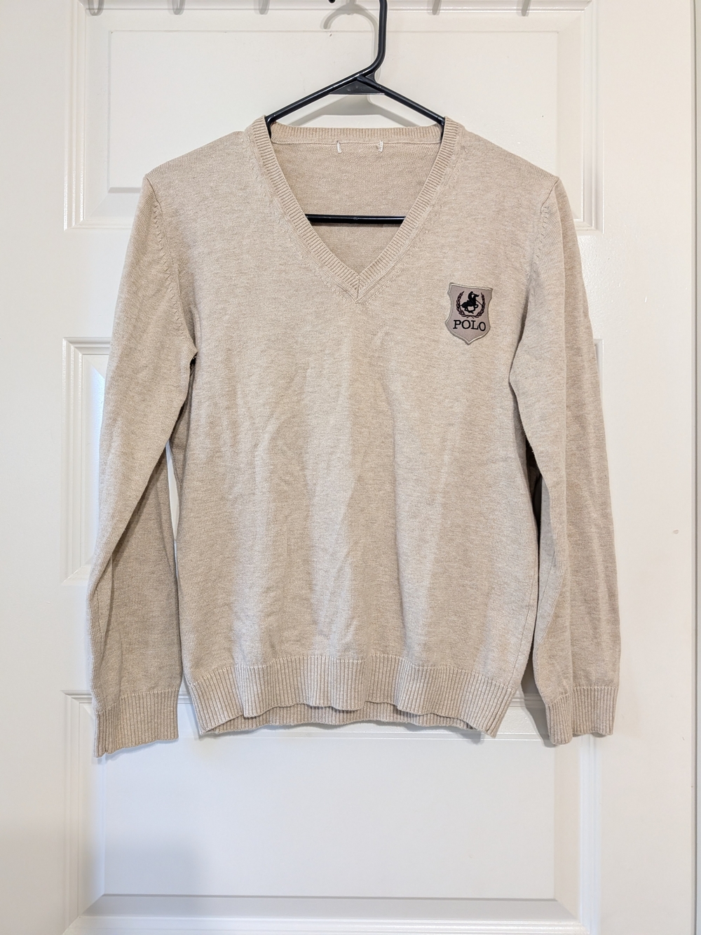 Polo by Ralph Lauren Vintage Patch Of Polo Logo Beige V-Neck Sweater with Crest